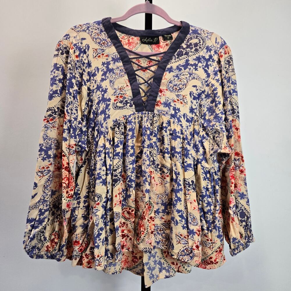 Lola P. Boho Long Sleeve Blouse Top Flowy Red Blue Toile Floral‎ Rayon India Med